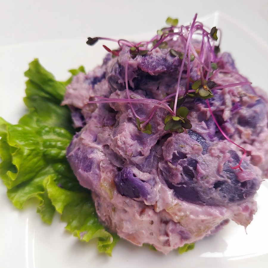 Pono Purple Potato Salad made with local Okinawan sweet potatoes