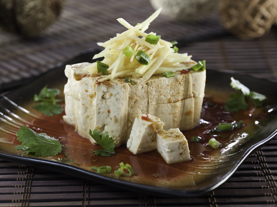 Cold Tofu - Aloha Tofu served chilled topped with local green onions and cilantro with our light ginger soy sauce